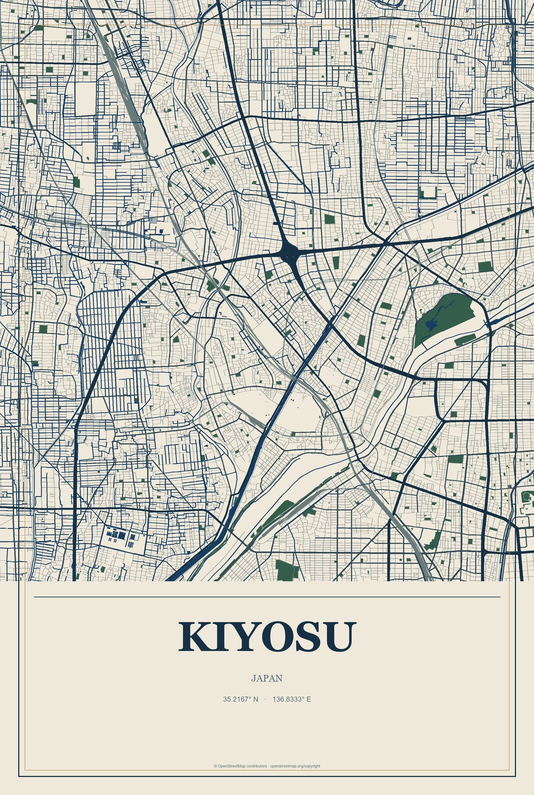 Kiyosu, Japan City Map Aluminum Sign in Coastal Cutout style