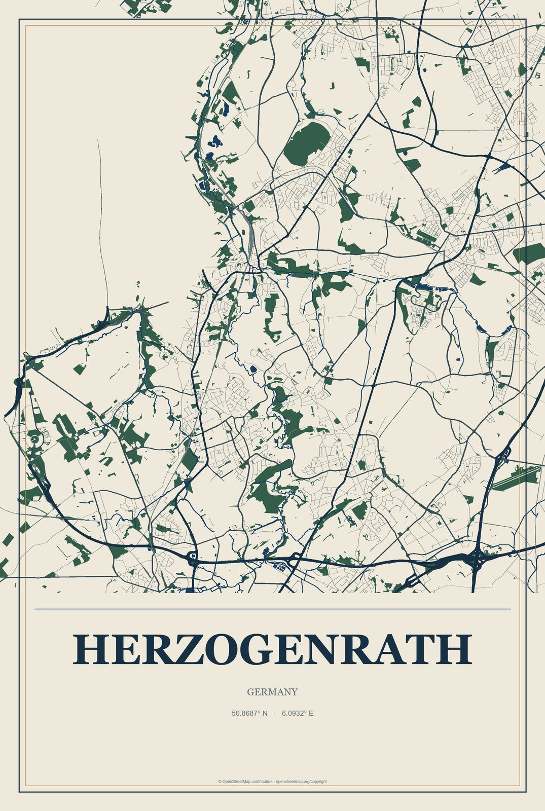 Herzogenrath, Germany City Map Aluminum Sign in Coastal Cutout style