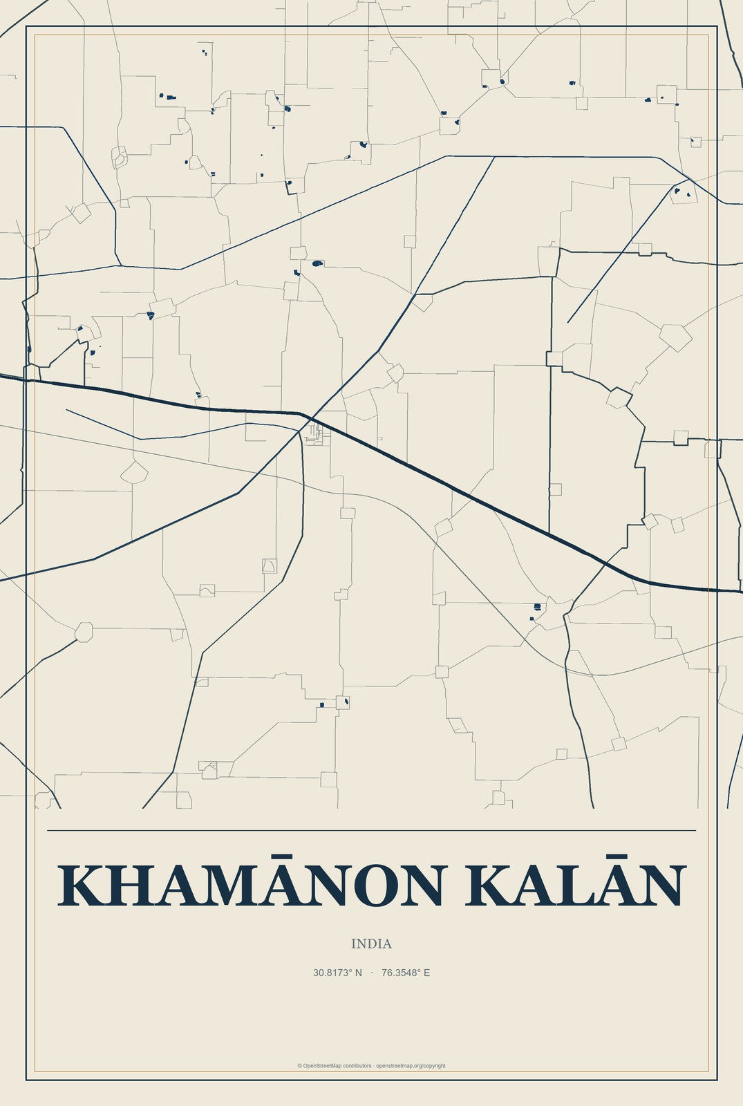 Khamānon Kalān, India City Map Aluminum Sign in Coastal Cutout style