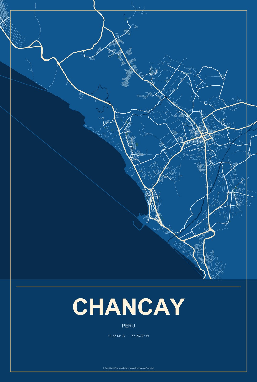 Chancay, Peru City Map Aluminum Sign in Harbor Cobalt style