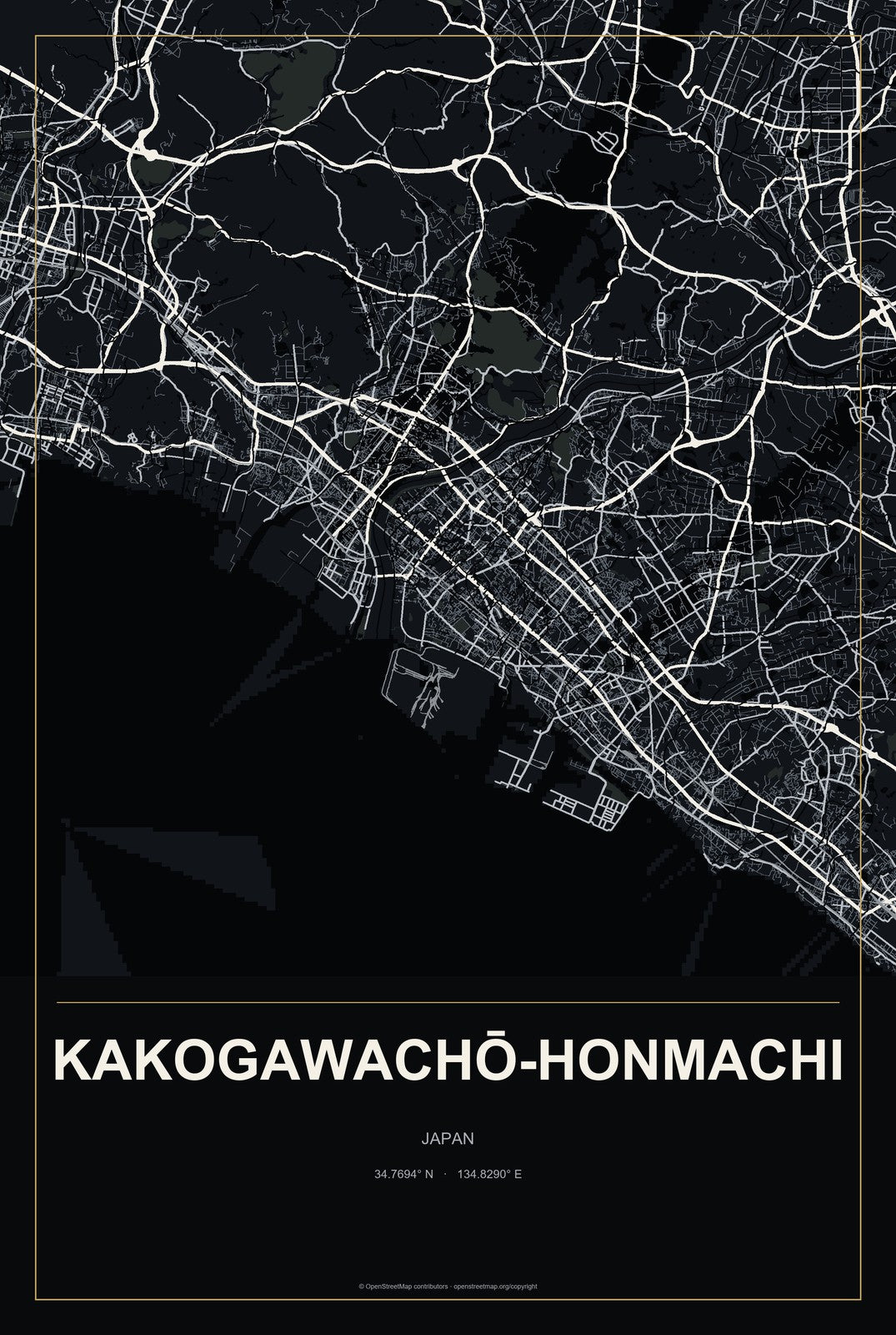 Kakogawachō-honmachi, Japan City Map Aluminum Sign in Metropolitan Noir style