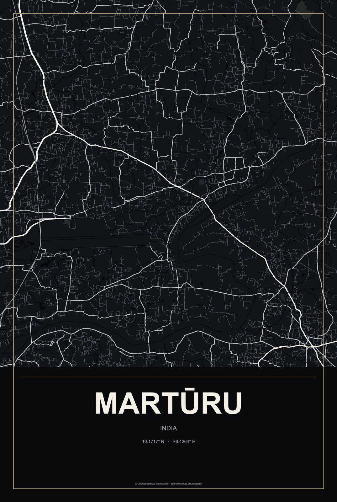 Martūru, India City Map Aluminum Sign in Metropolitan Noir style