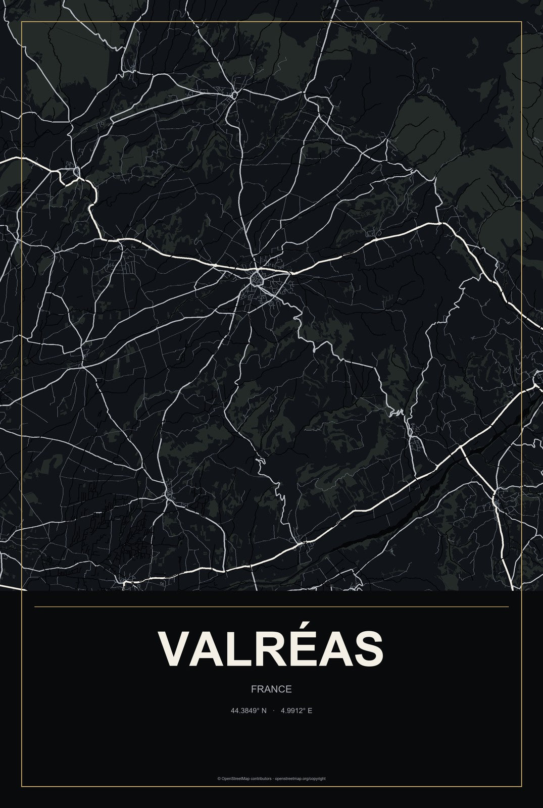 Valréas, France City Map Aluminum Sign in Metropolitan Noir style