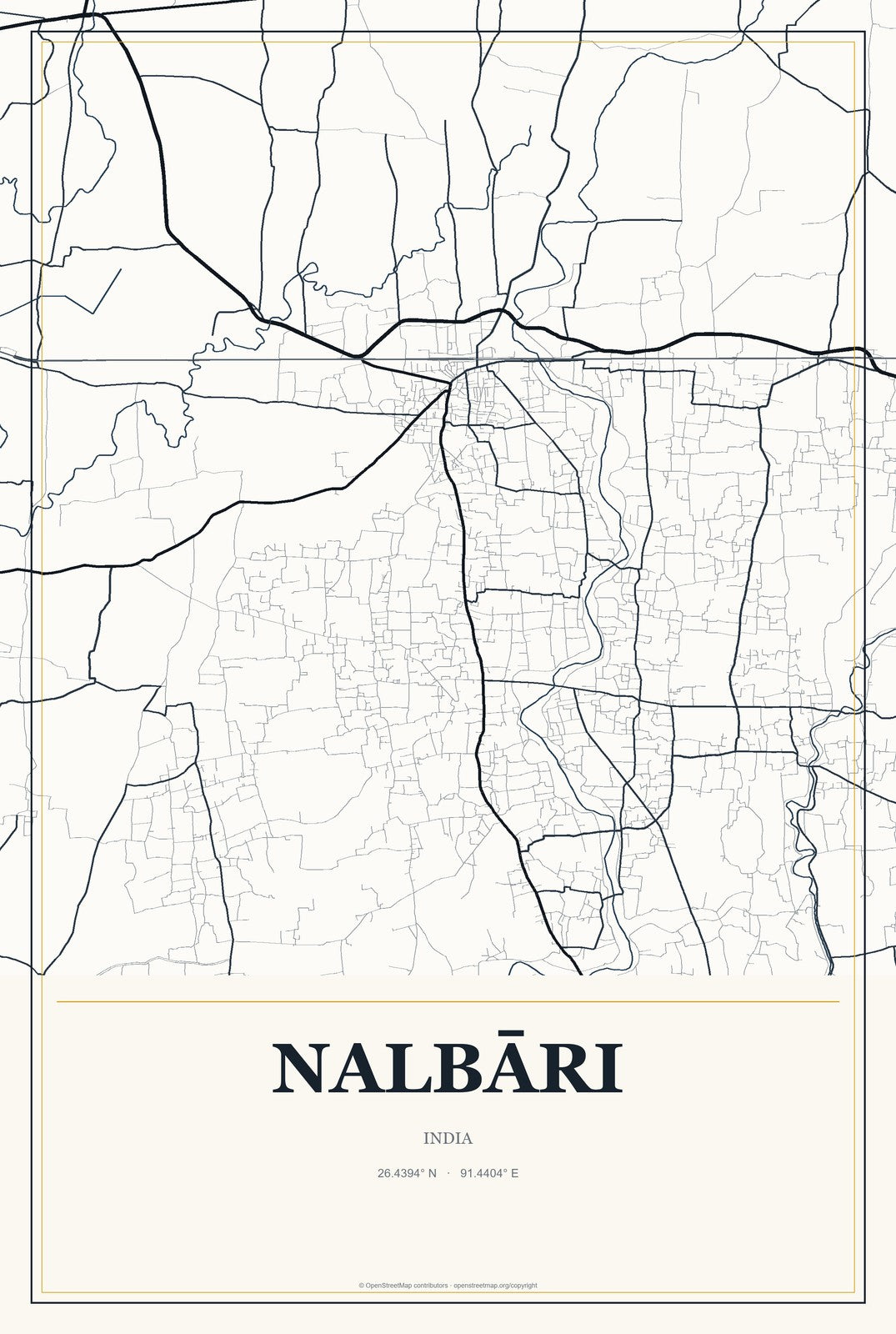 Nalbāri, India City Map Aluminum Sign in Citrine Modern style