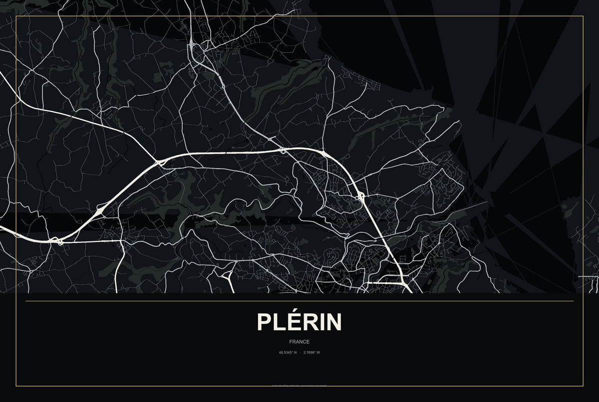 Plérin, France City Map Aluminum Sign in Metropolitan Noir style