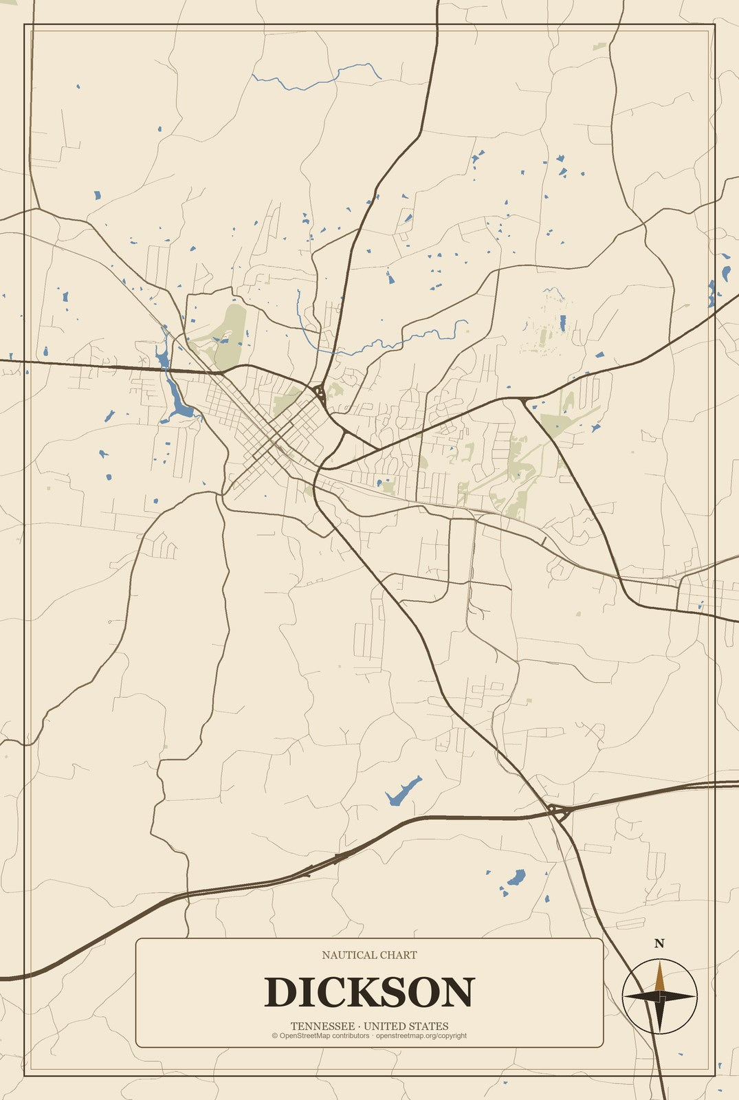 Dickson, Tennessee City Map Aluminum Sign in Heritage Nautical style