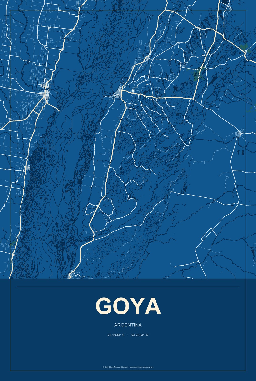 Goya, Argentina City Map Aluminum Sign in Harbor Cobalt style