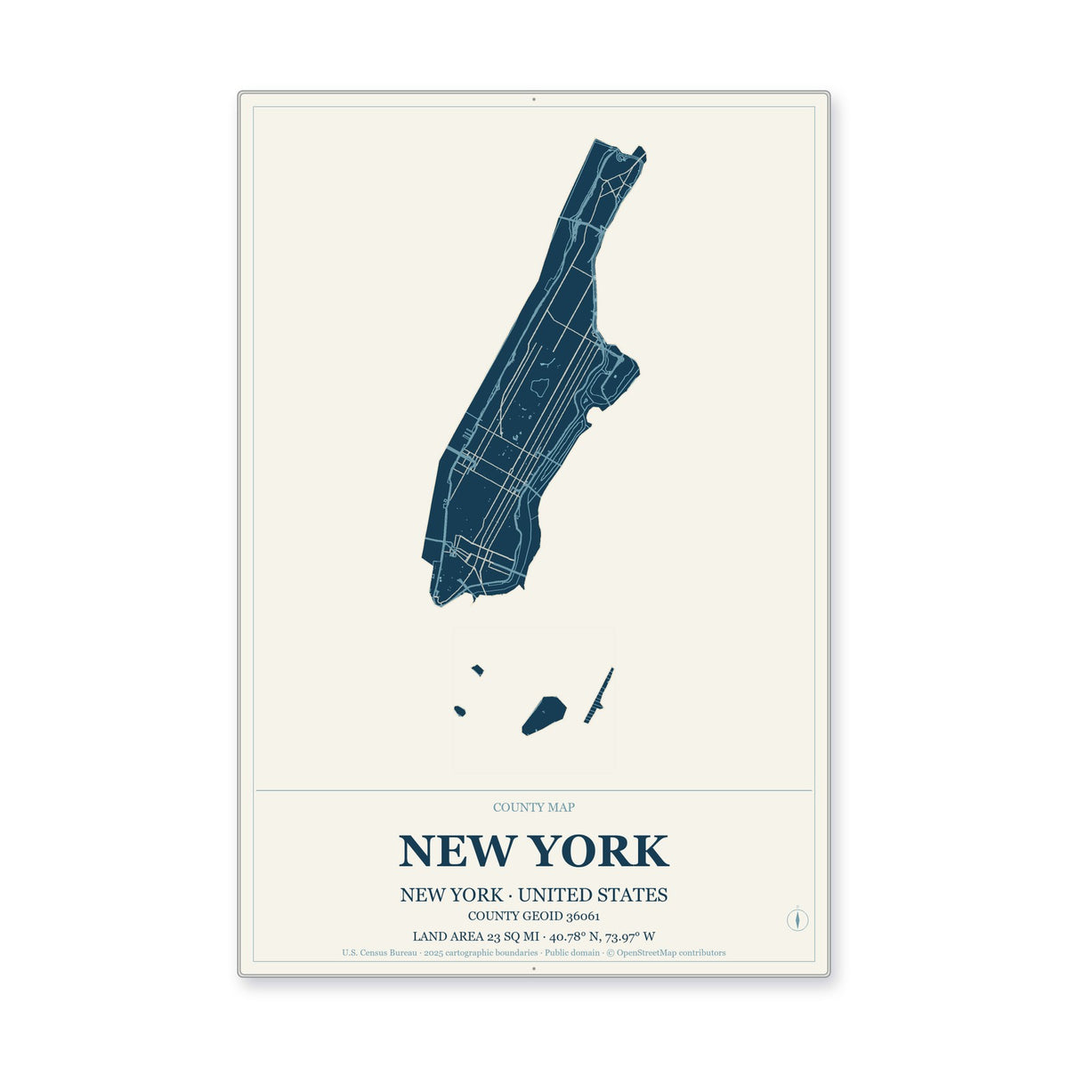 New York County, New York Map Aluminum Sign in Coastal Cutout style