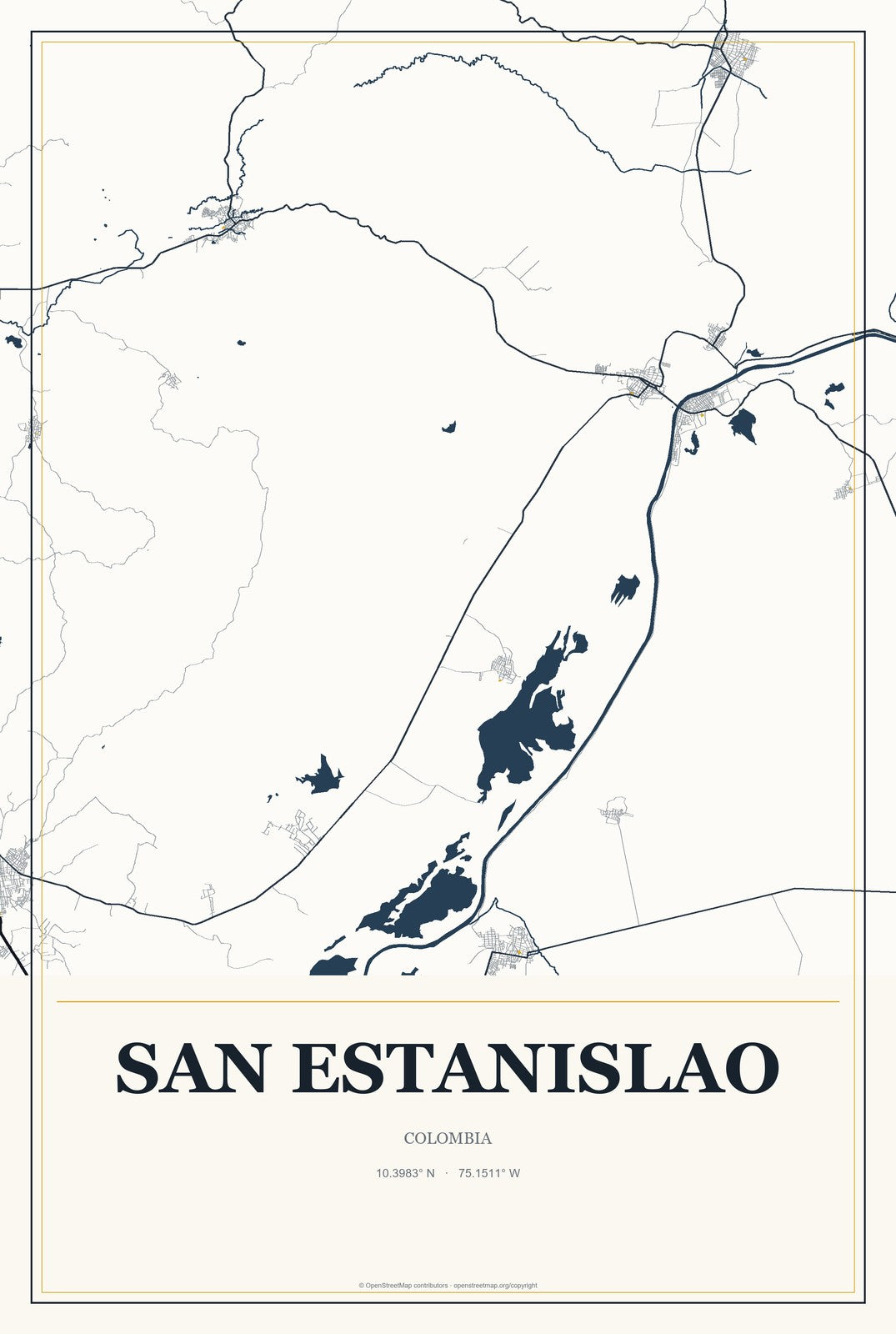 San Estanislao, Colombia City Map Aluminum Sign in Citrine Modern style