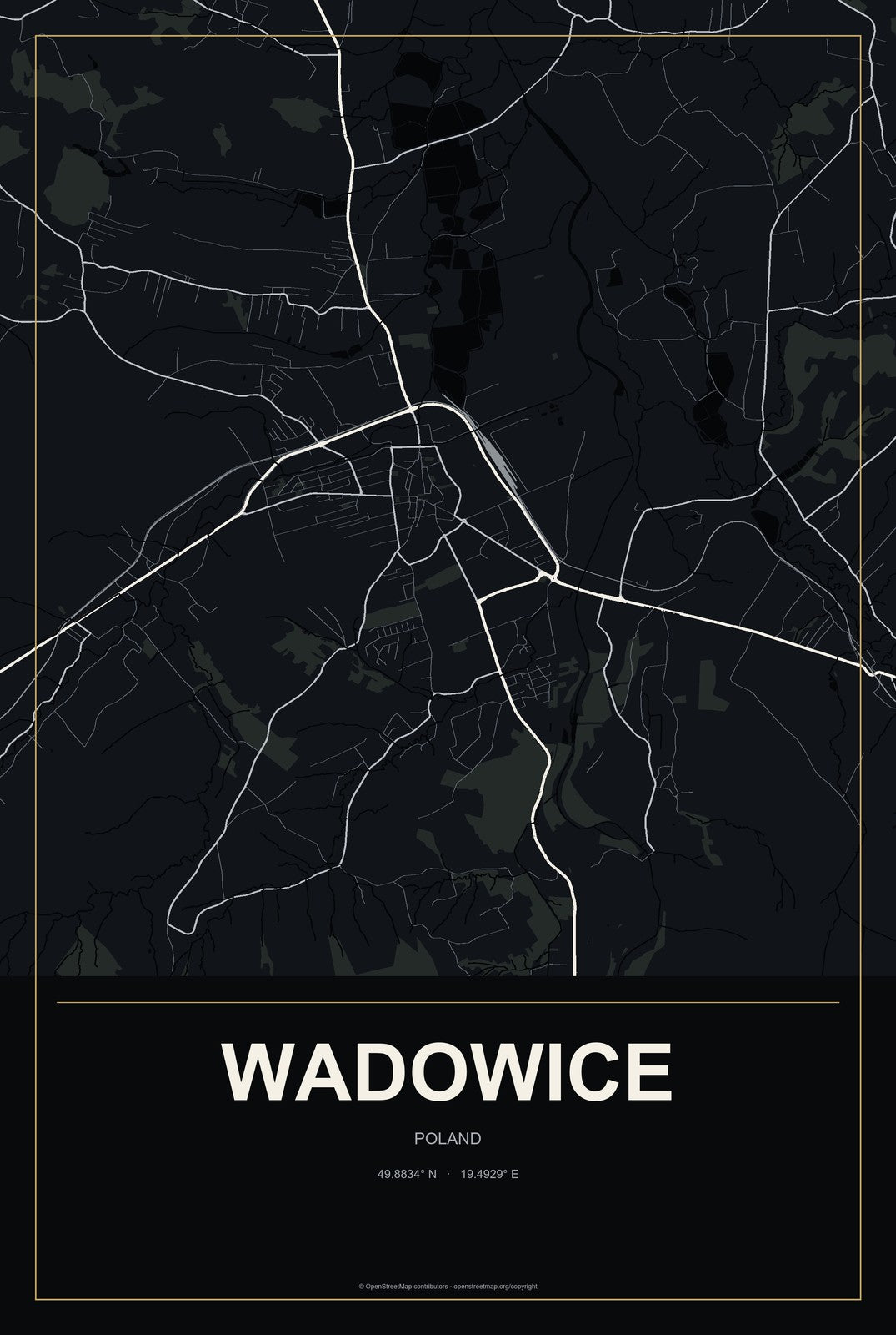 Wadowice, Poland City Map Aluminum Sign in Metropolitan Noir style