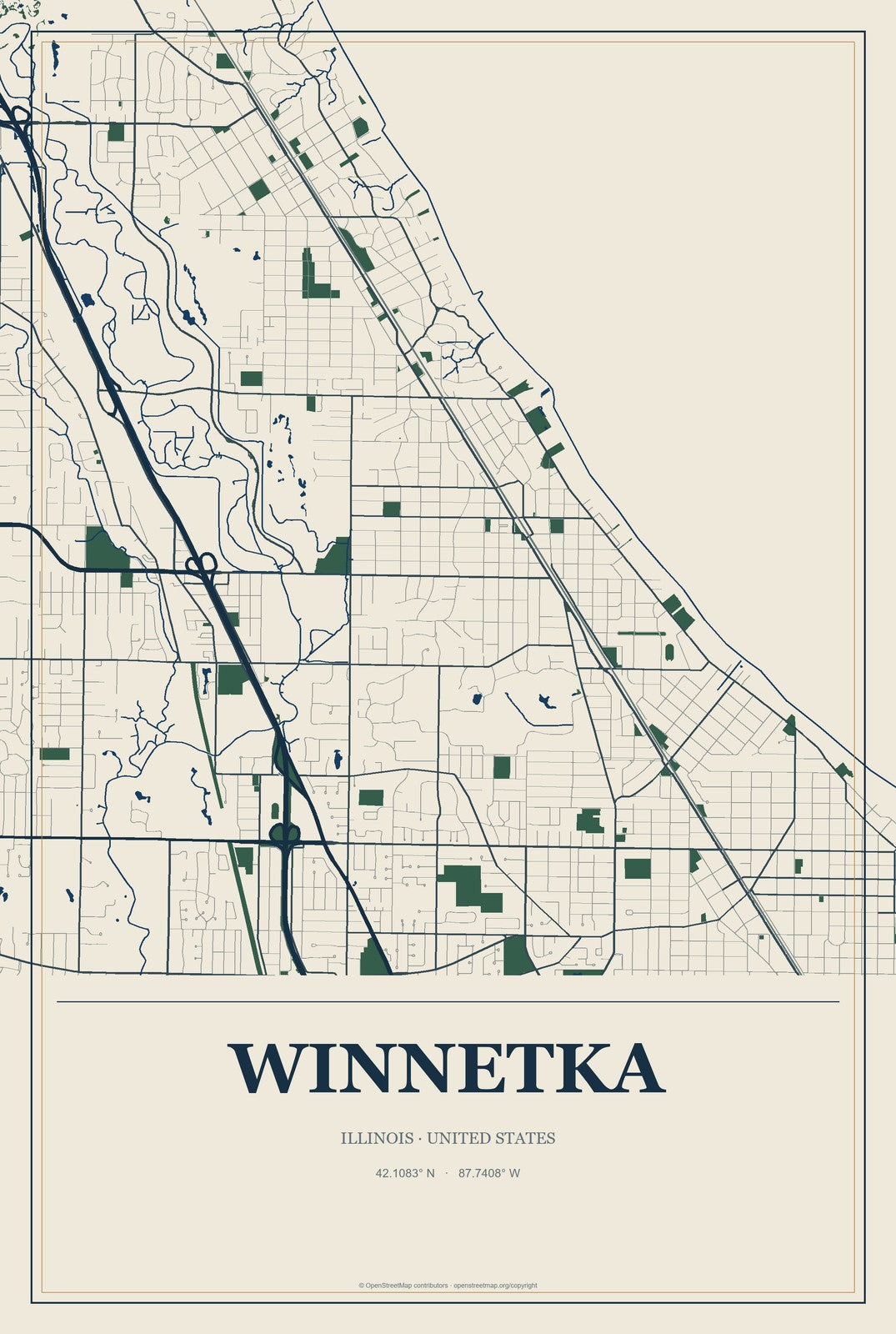 Winnetka, Illinois City Map Aluminum Sign in Coastal Cutout style
