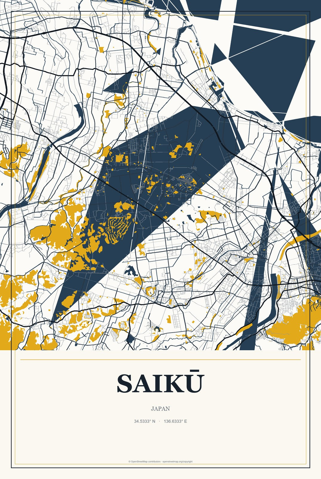 Saikū, Japan City Map Aluminum Sign in Citrine Modern style