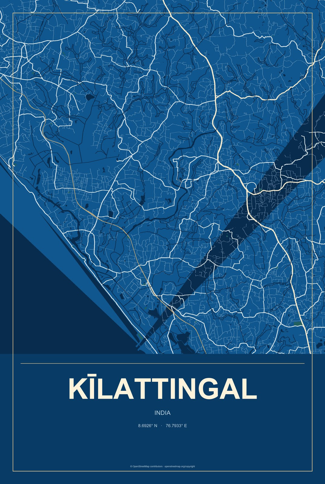 Kīlattingal, India City Map Aluminum Sign in Harbor Cobalt style