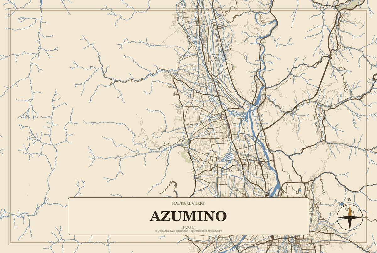 Azumino, Japan City Map Aluminum Sign in Heritage Nautical style