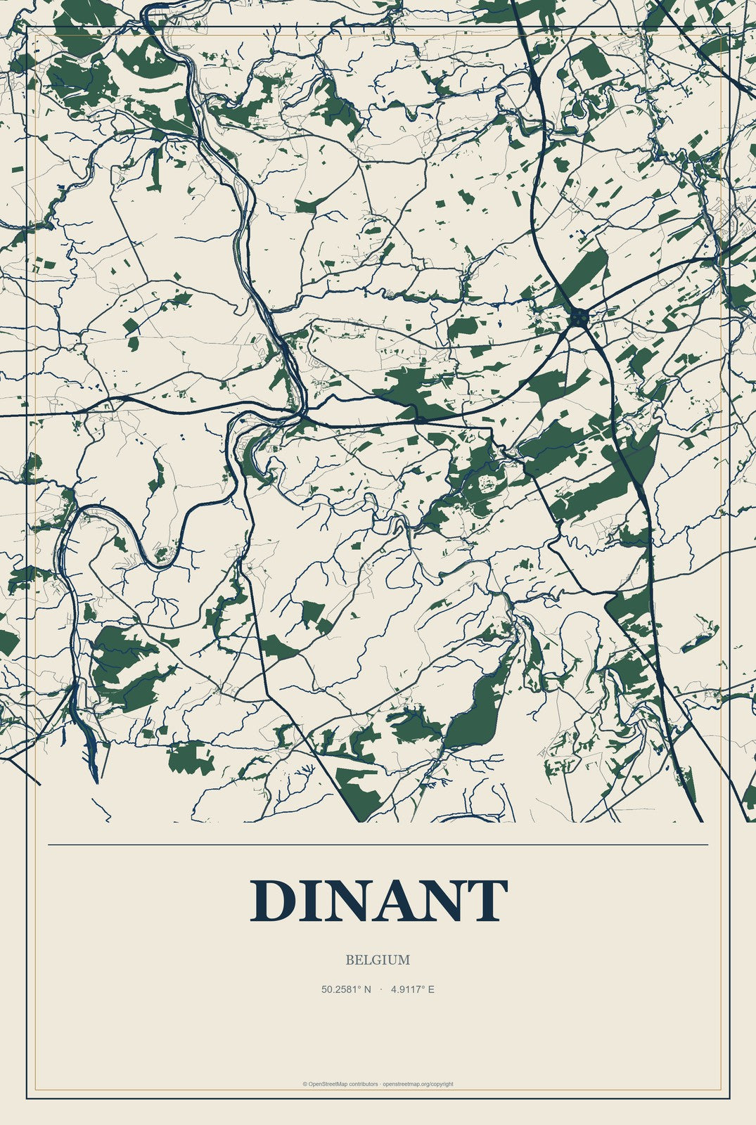 Dinant, Belgium City Map Aluminum Sign in Coastal Cutout style