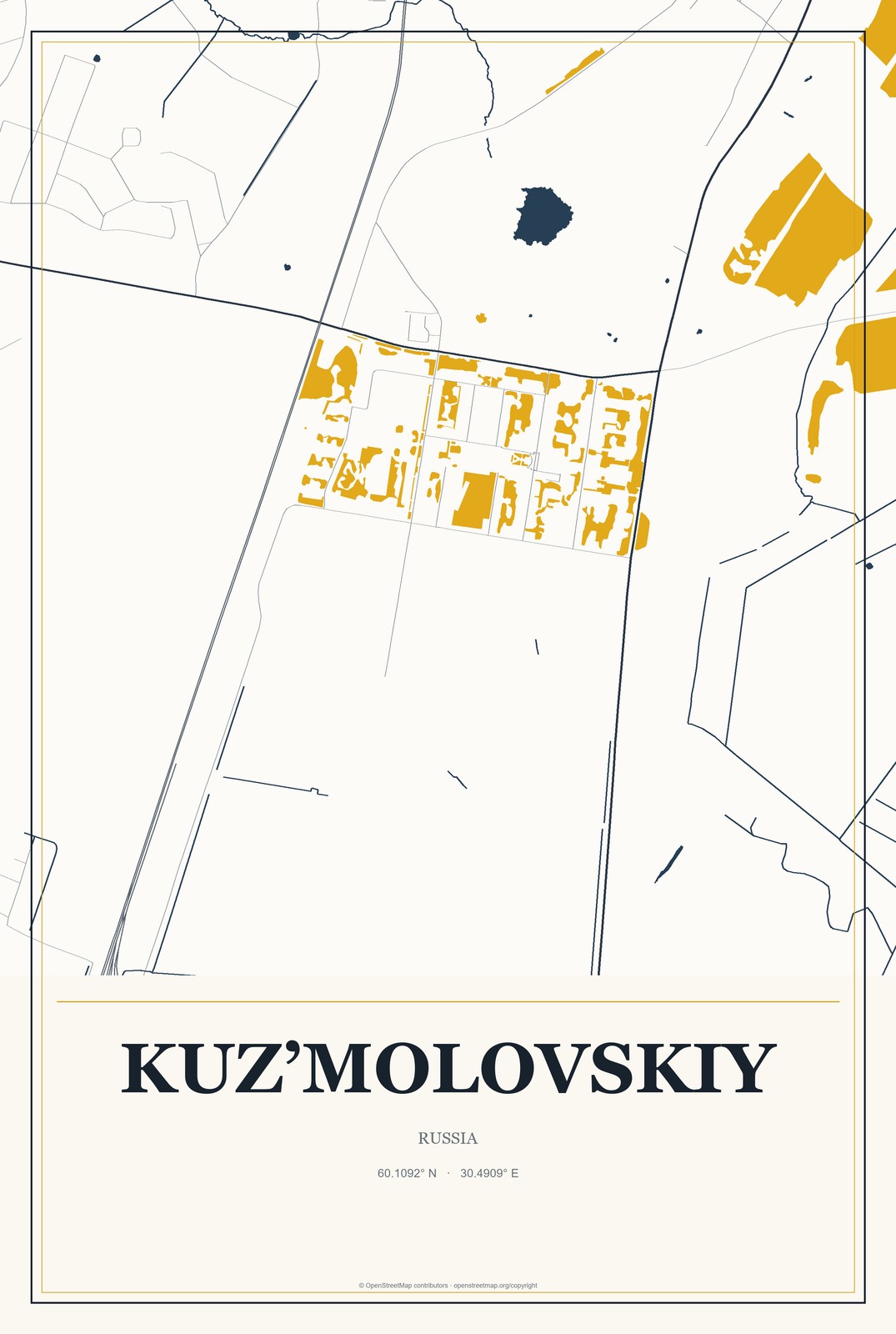 Kuz’molovskiy, Russia City Map Aluminum Sign in Citrine Modern style