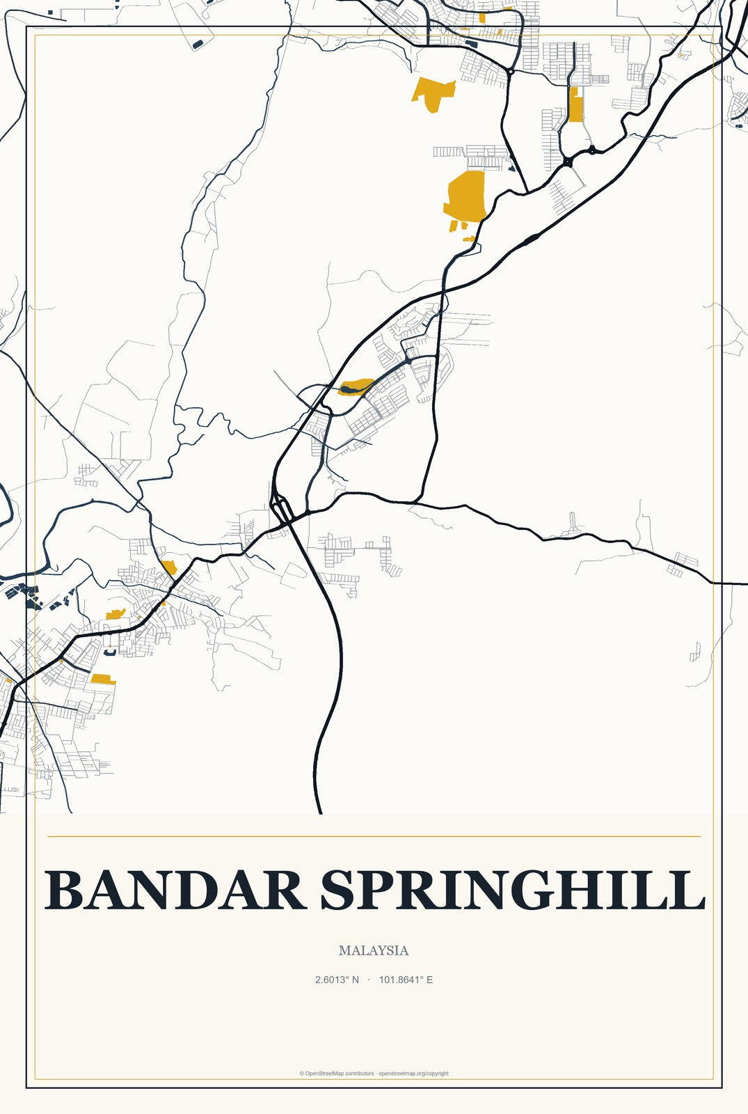 Bandar Springhill, Malaysia City Map Aluminum Sign in Citrine Modern style