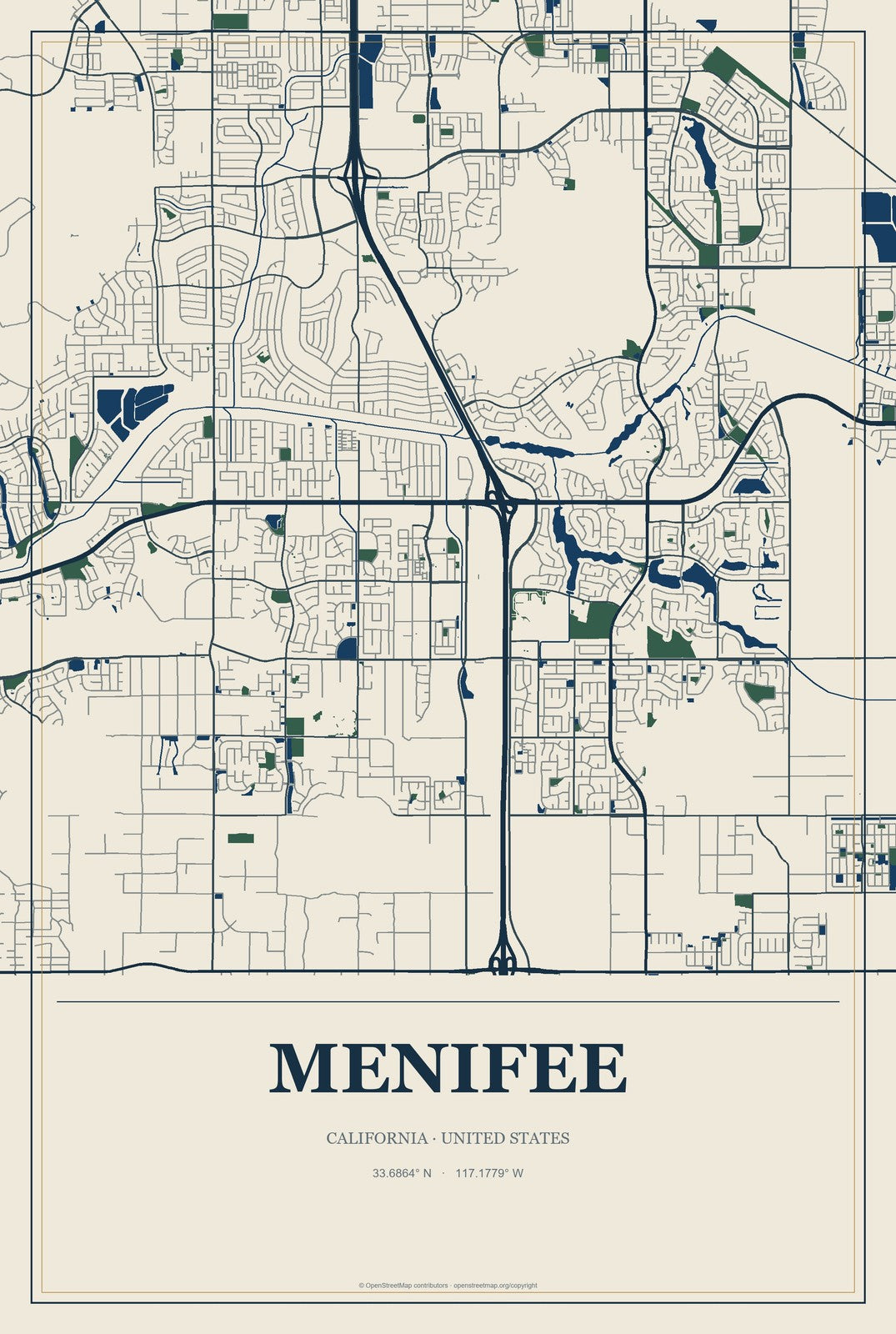 Menifee, California City Map Aluminum Sign in Coastal Cutout style