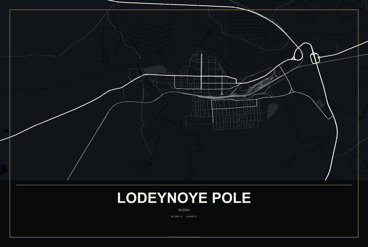 Lodeynoye Pole, Russia City Map Aluminum Sign in Metropolitan Noir style