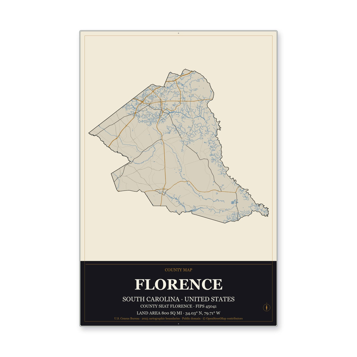 Florence County, South Carolina Map Aluminum Sign in Museum Plaque style