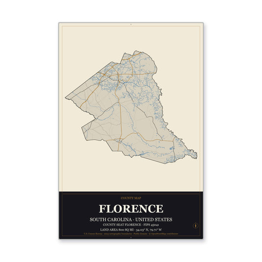 Florence County, South Carolina Map Aluminum Sign in Museum Plaque style