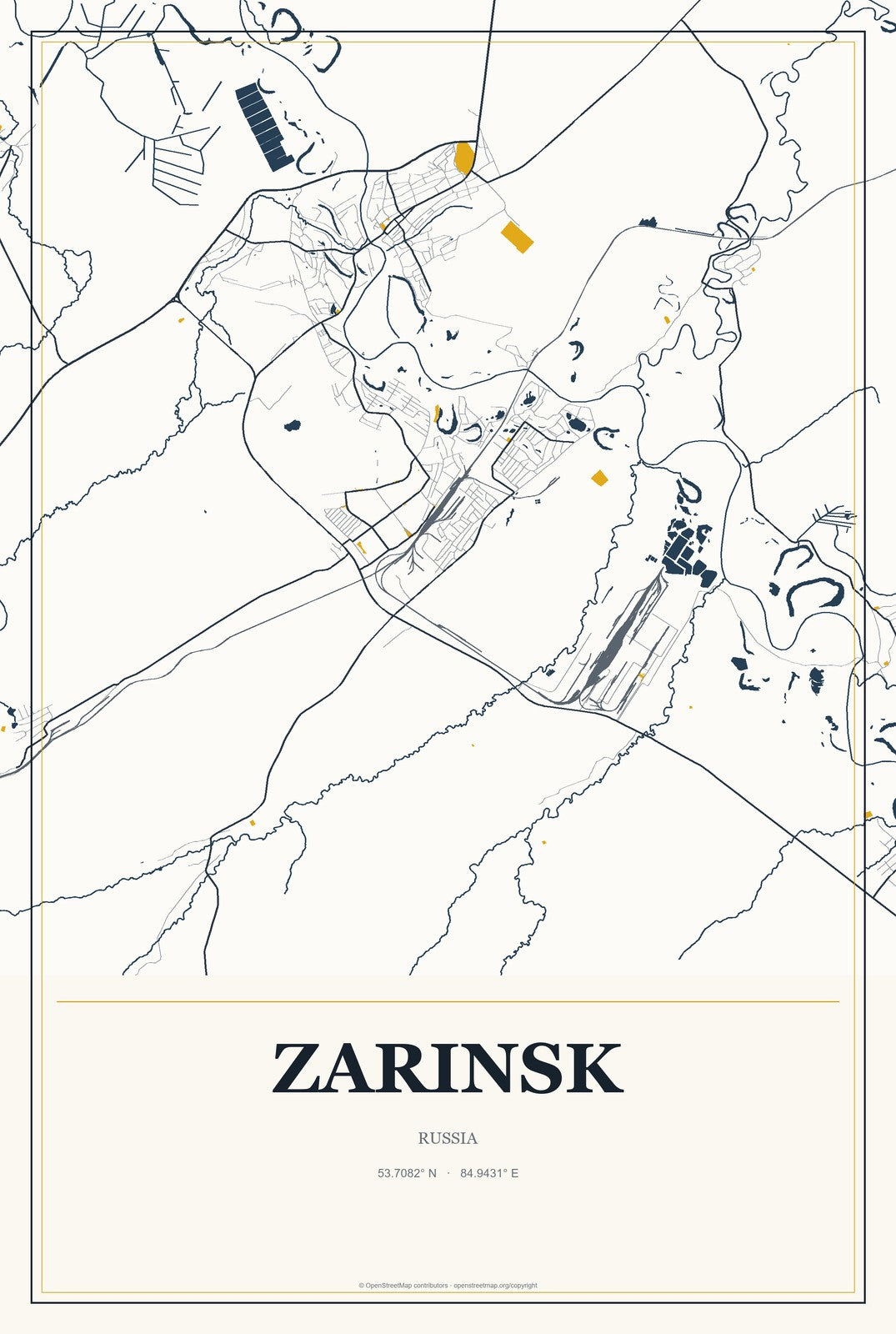 Zarinsk, Russia City Map Aluminum Sign in Citrine Modern style