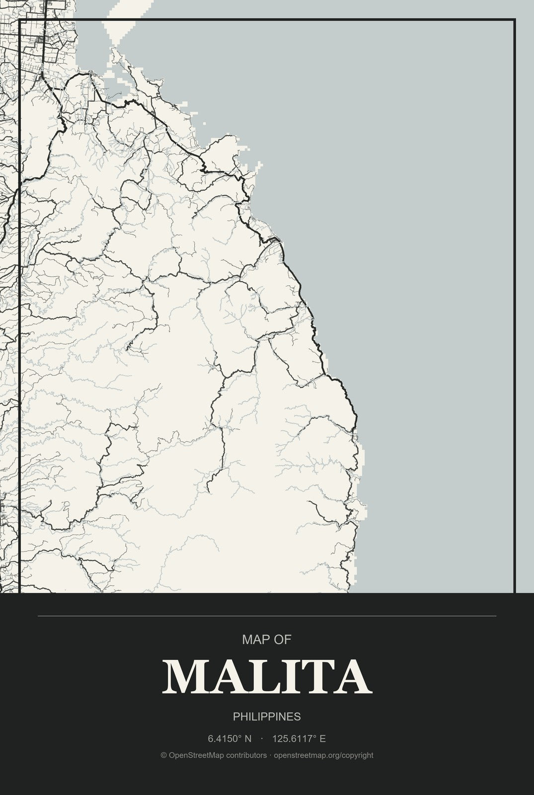 Malita, Philippines City Map Aluminum Sign in Museum Plaque style