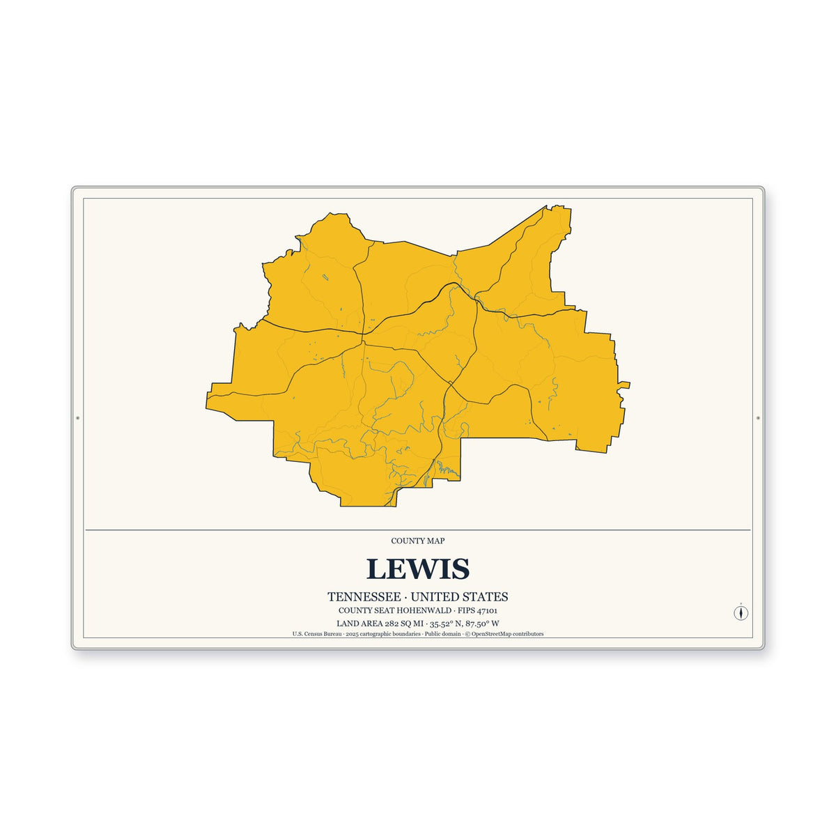 Lewis County, Tennessee Map Aluminum Sign in Citrine Modern style
