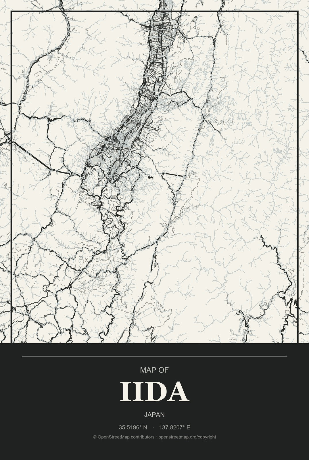 Iida, Japan City Map Aluminum Sign in Museum Plaque style