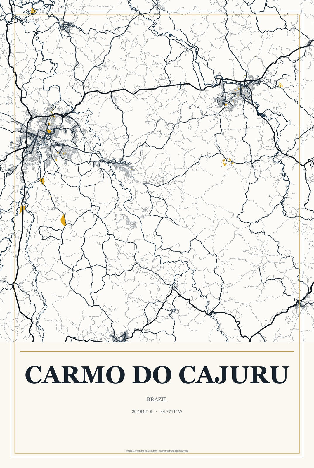 Carmo do Cajuru, Brazil City Map Aluminum Sign in Citrine Modern style