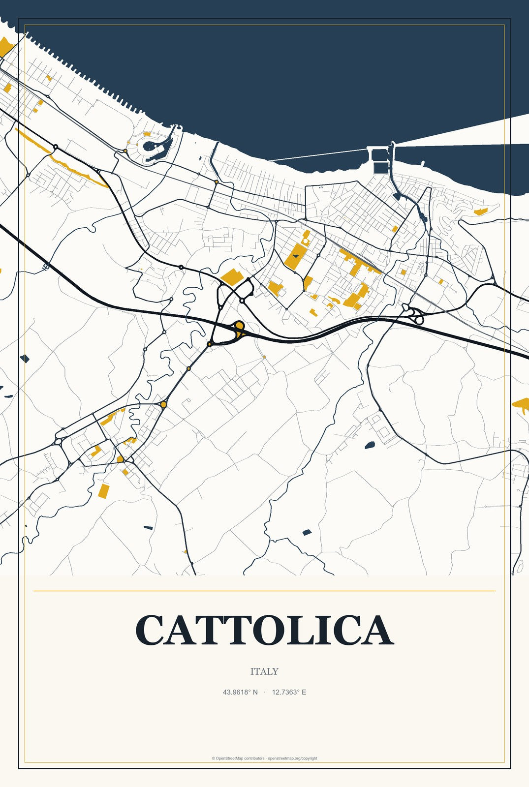 Cattolica, Italy City Map Aluminum Sign in Citrine Modern style