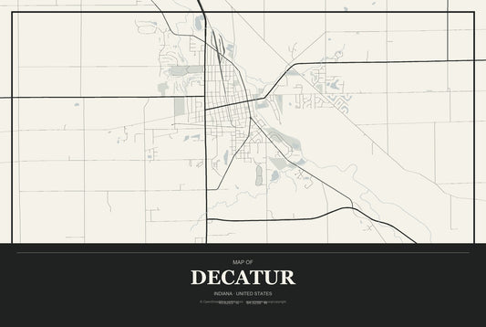 Decatur, Indiana City Map Aluminum Sign in Museum Plaque style