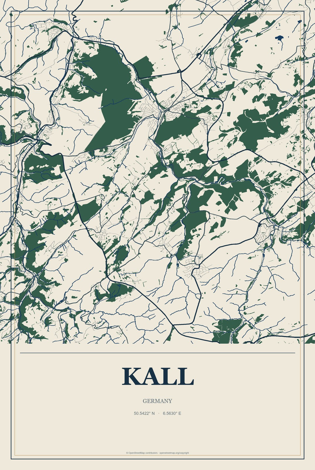 Kall, Germany City Map Aluminum Sign in Coastal Cutout style