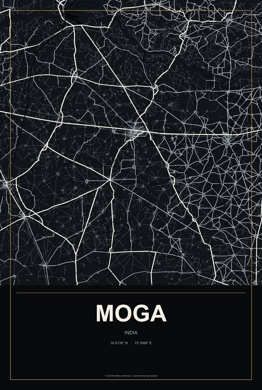 Moga, India City Map Aluminum Sign in Metropolitan Noir style