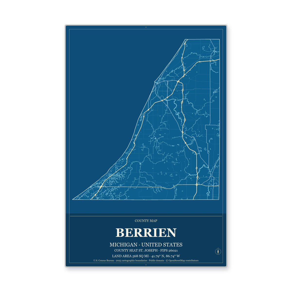 Berrien County, Michigan Map Aluminum Sign in Harbor Cobalt style