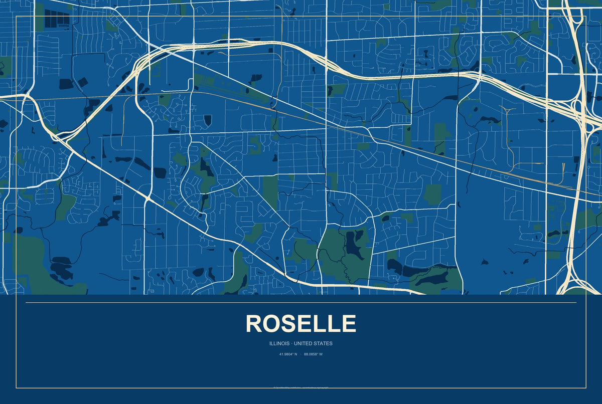 Roselle, Illinois City Map Aluminum Sign in Harbor Cobalt style