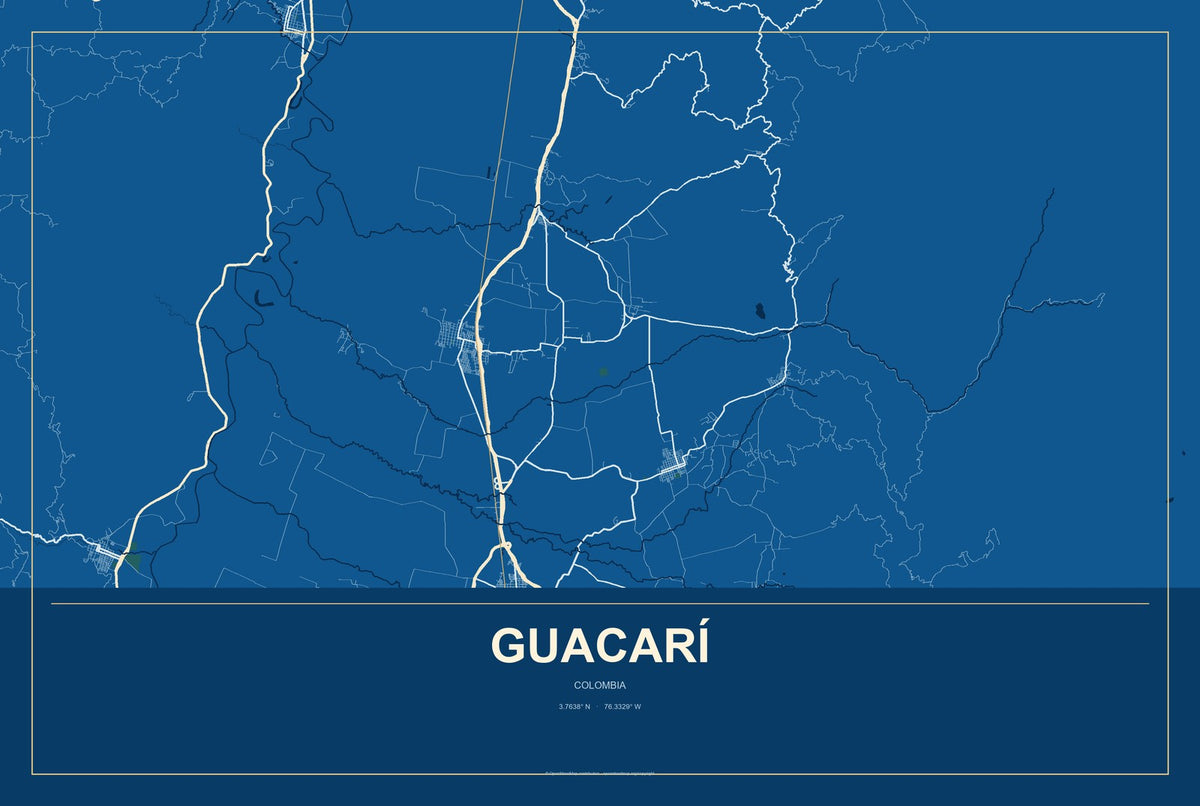 Guacarí, Colombia City Map Aluminum Sign in Harbor Cobalt style