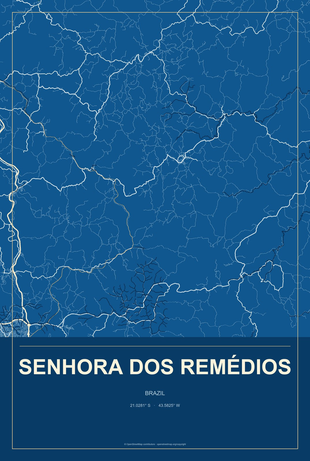 Senhora dos Remédios, Brazil City Map Aluminum Sign in Harbor Cobalt style