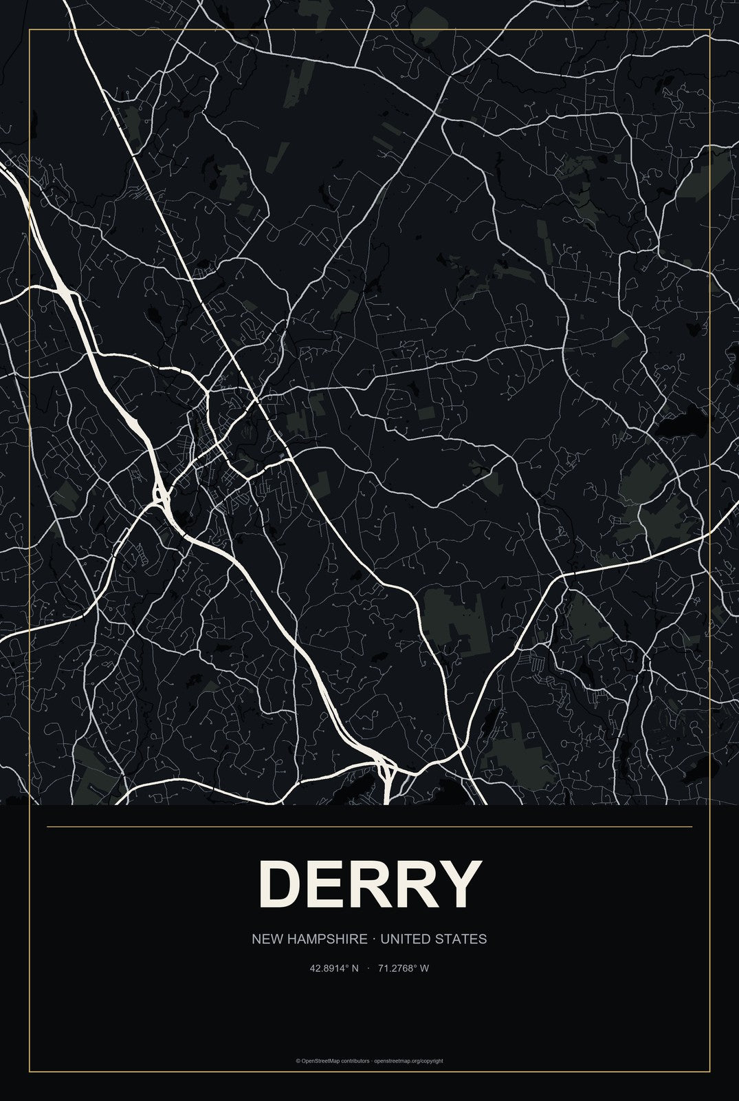 Derry, New Hampshire City Map Aluminum Sign in Metropolitan Noir style