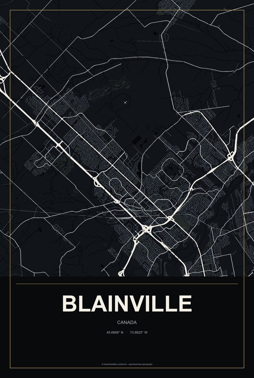 Blainville, Canada City Map Aluminum Sign in Metropolitan Noir style