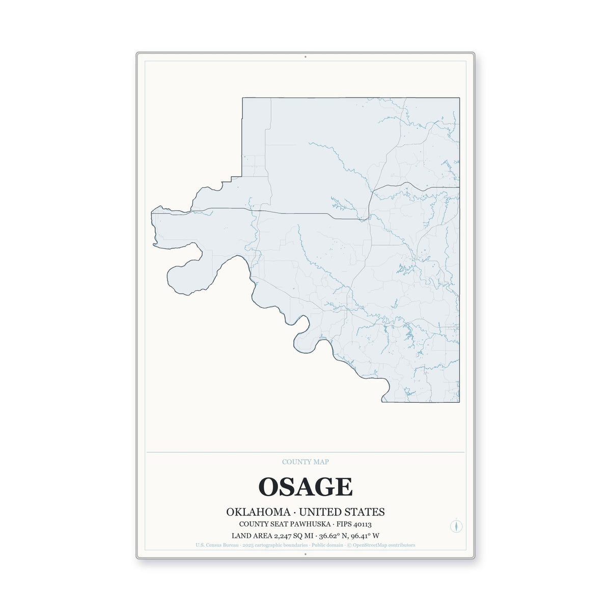 Osage County, Oklahoma Map Aluminum Sign in Gallery Air style
