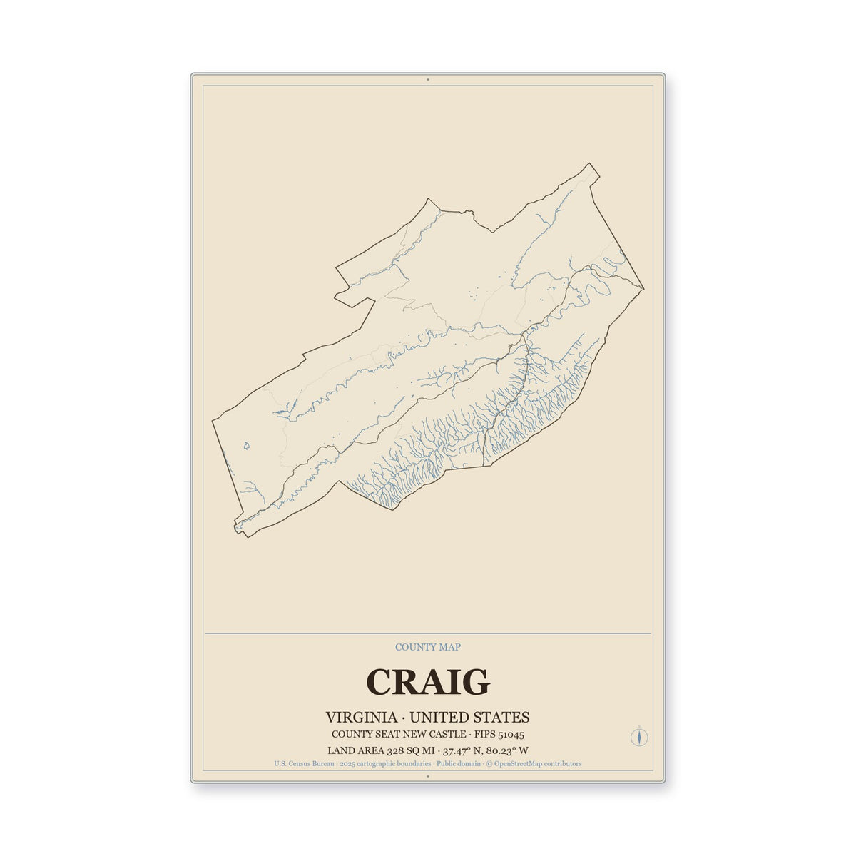 Craig County, Virginia Map Aluminum Sign in Heritage Nautical style