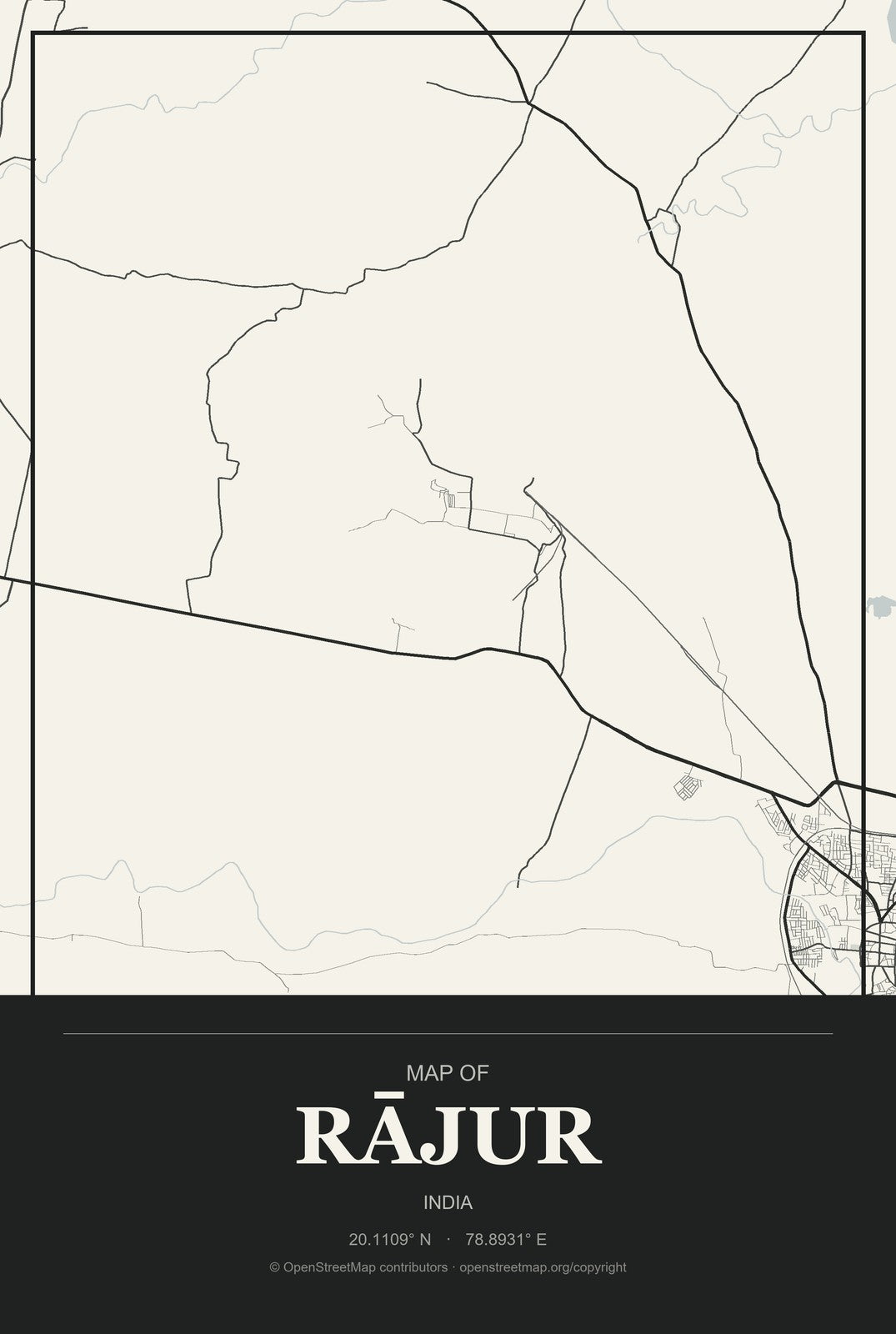 Rājur, India City Map Aluminum Sign in Museum Plaque style