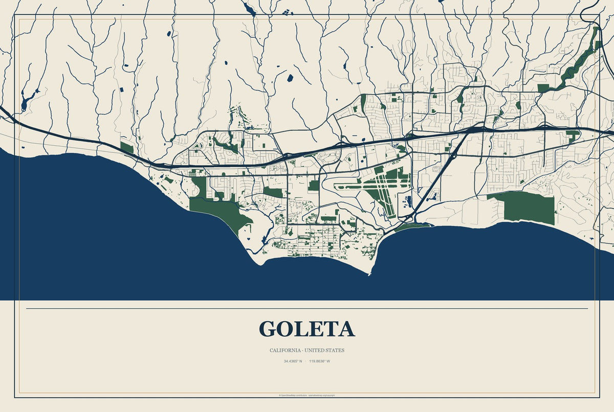 Goleta, California City Map Aluminum Sign in Coastal Cutout style