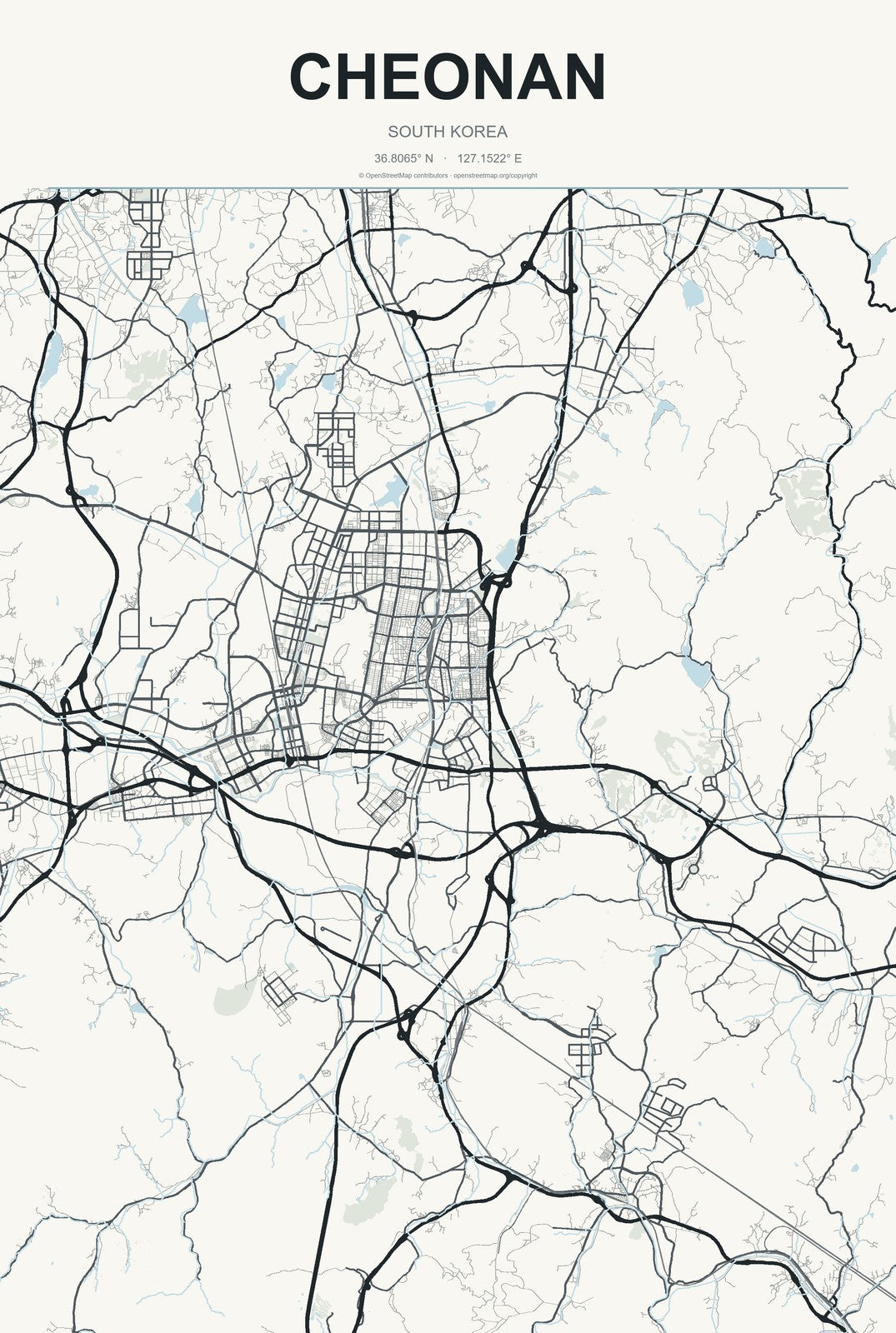 Cheonan, South Korea City Map Aluminum Sign in Headline Atlas style