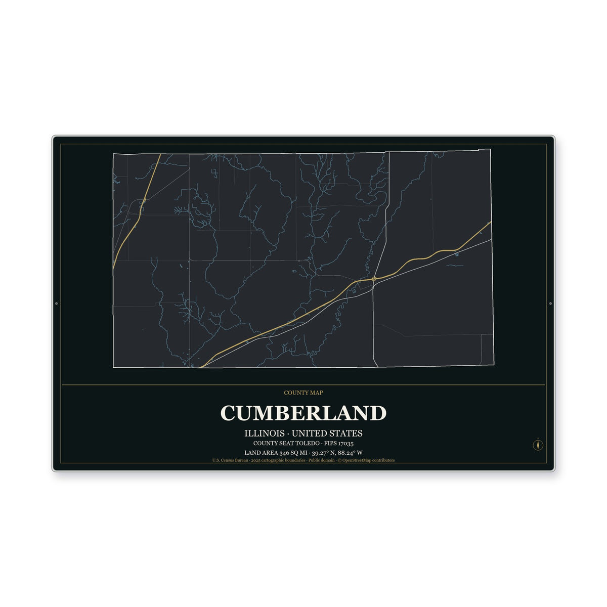 Cumberland County, Illinois Map Aluminum Sign in Metropolitan Noir style