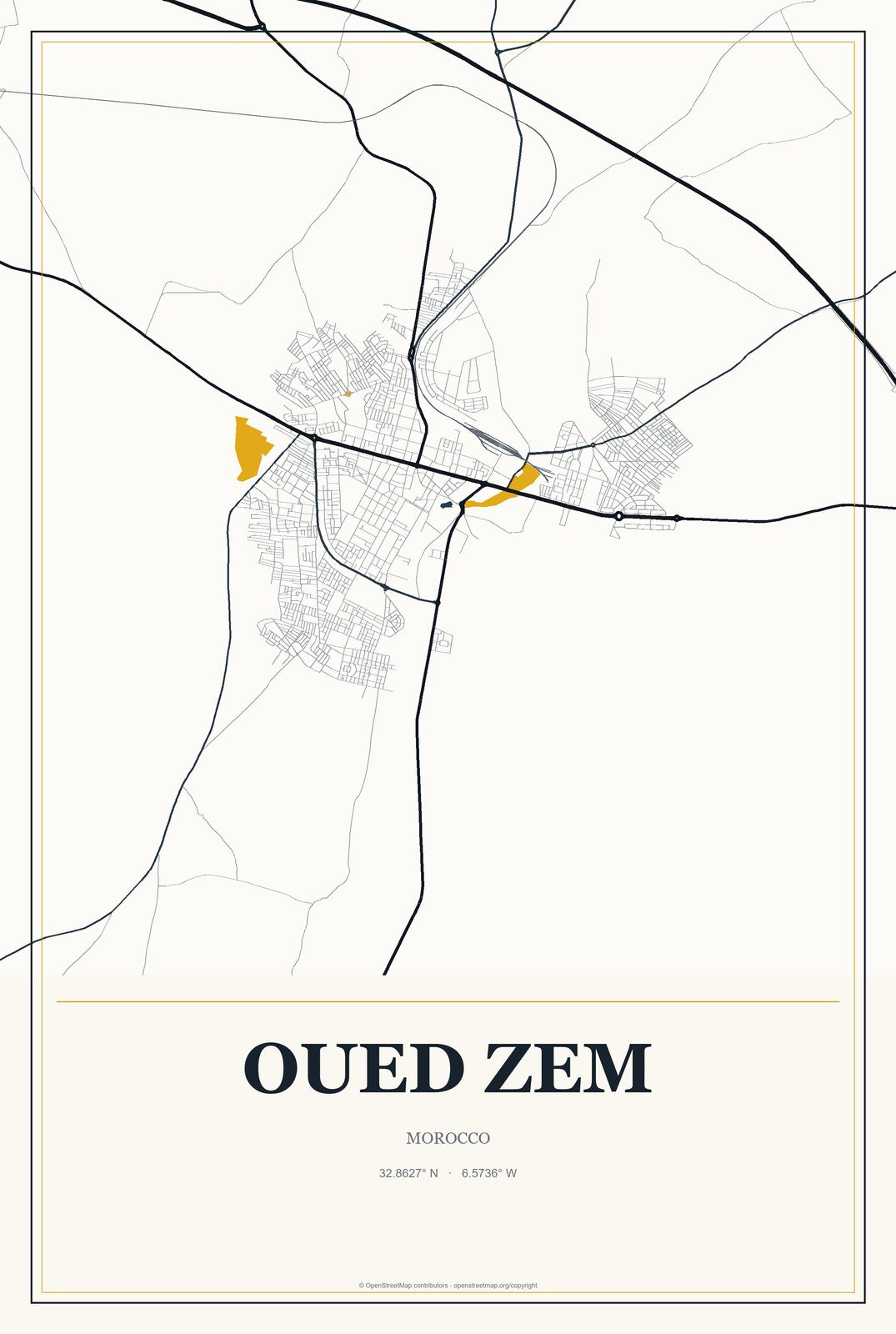 Oued Zem, Morocco City Map Aluminum Sign in Citrine Modern style