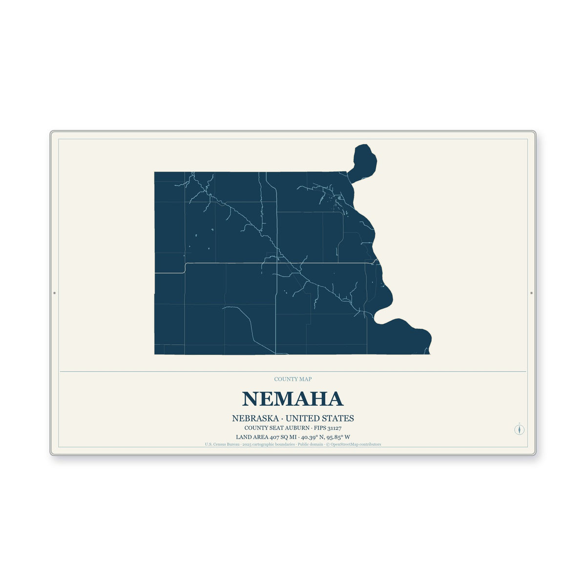Nemaha County, Nebraska Map Aluminum Sign in Coastal Cutout style