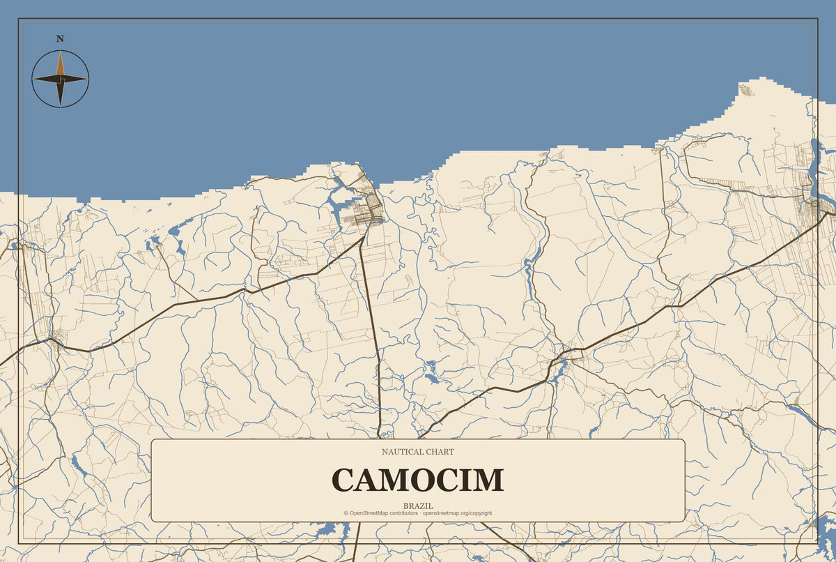 Camocim, Brazil City Map Aluminum Sign in Heritage Nautical style