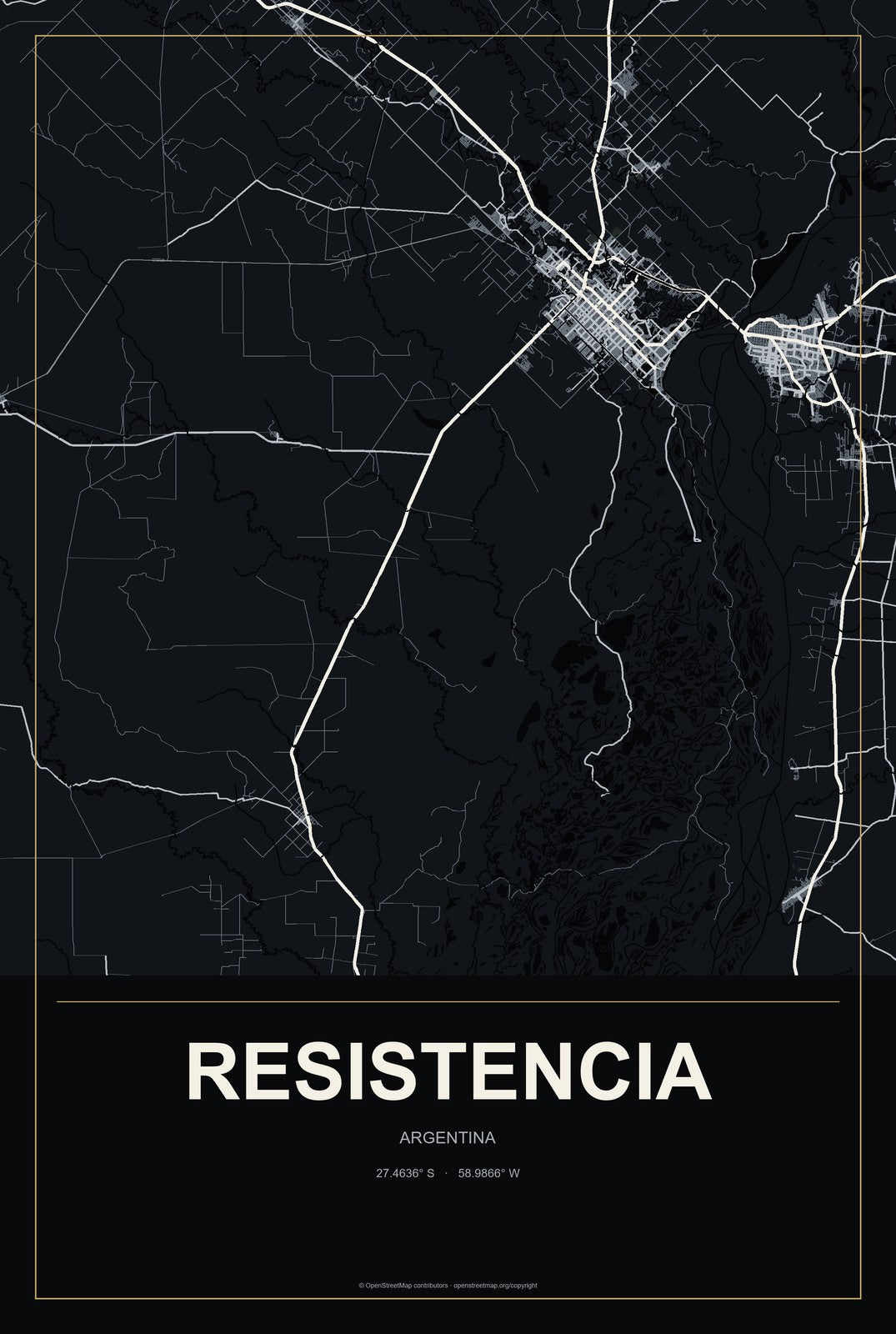 Resistencia, Argentina City Map Aluminum Sign in Metropolitan Noir style